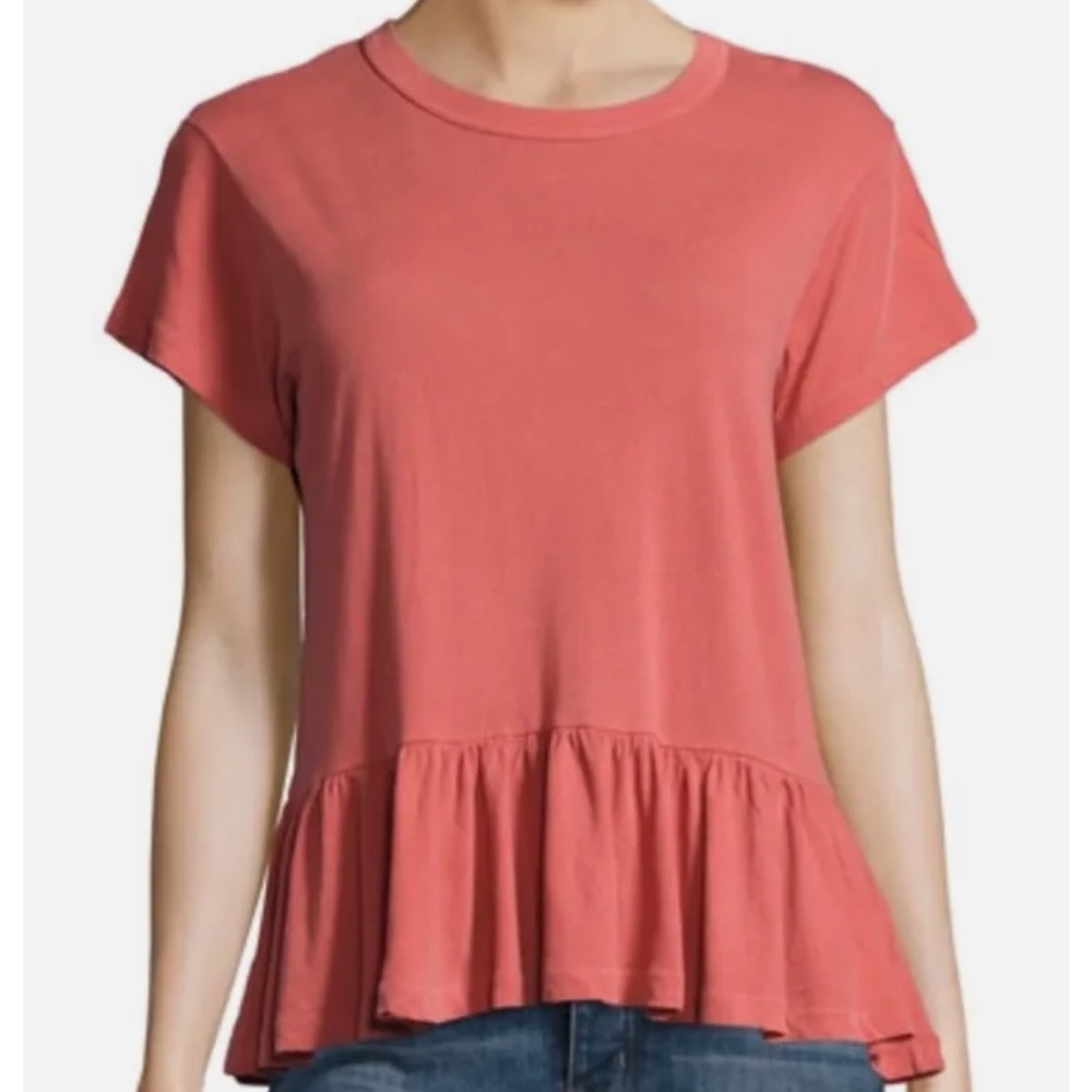 The Great. The Ruffle Tee Distressed Tee in Coral Pink Peplum Crewneck Sz L EUC